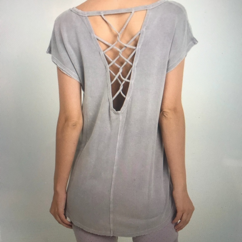 Lavender/gray lattice strap back longer length top